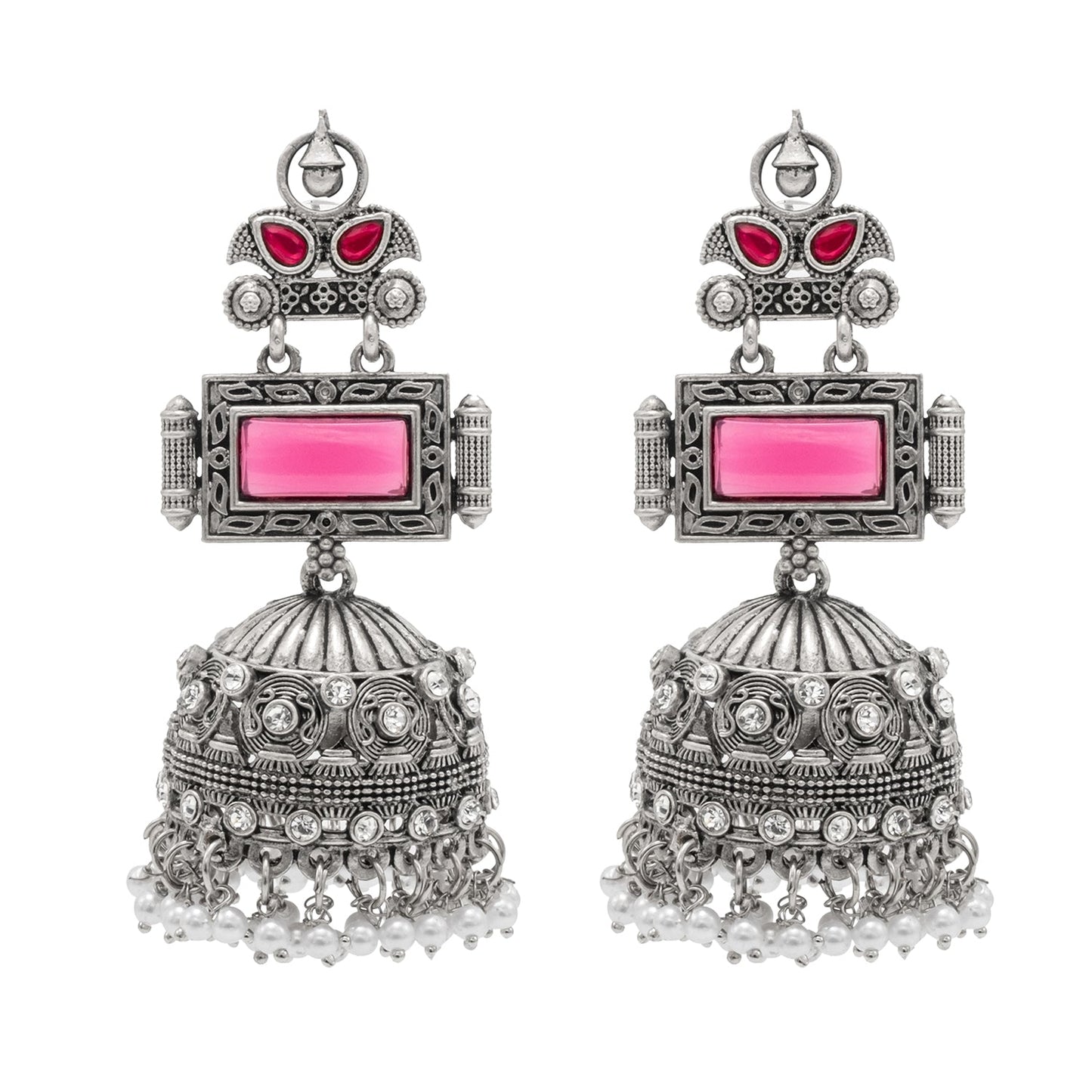 Traditional Indian Antique Dual Tone Antique Silver Oxidized CZ , Pearl ,Crystal & Stylish Long Jhumka Earrings for Women (SJE_263_S_M)