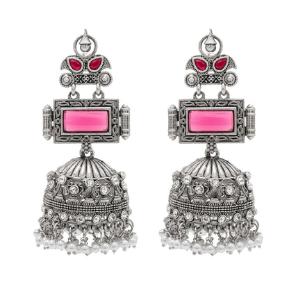 Traditional Indian Antique Dual Tone Antique Silver Oxidized CZ , Pearl ,Crystal & Stylish Long Jhumka Earrings for Women (SJE_263_S_M)