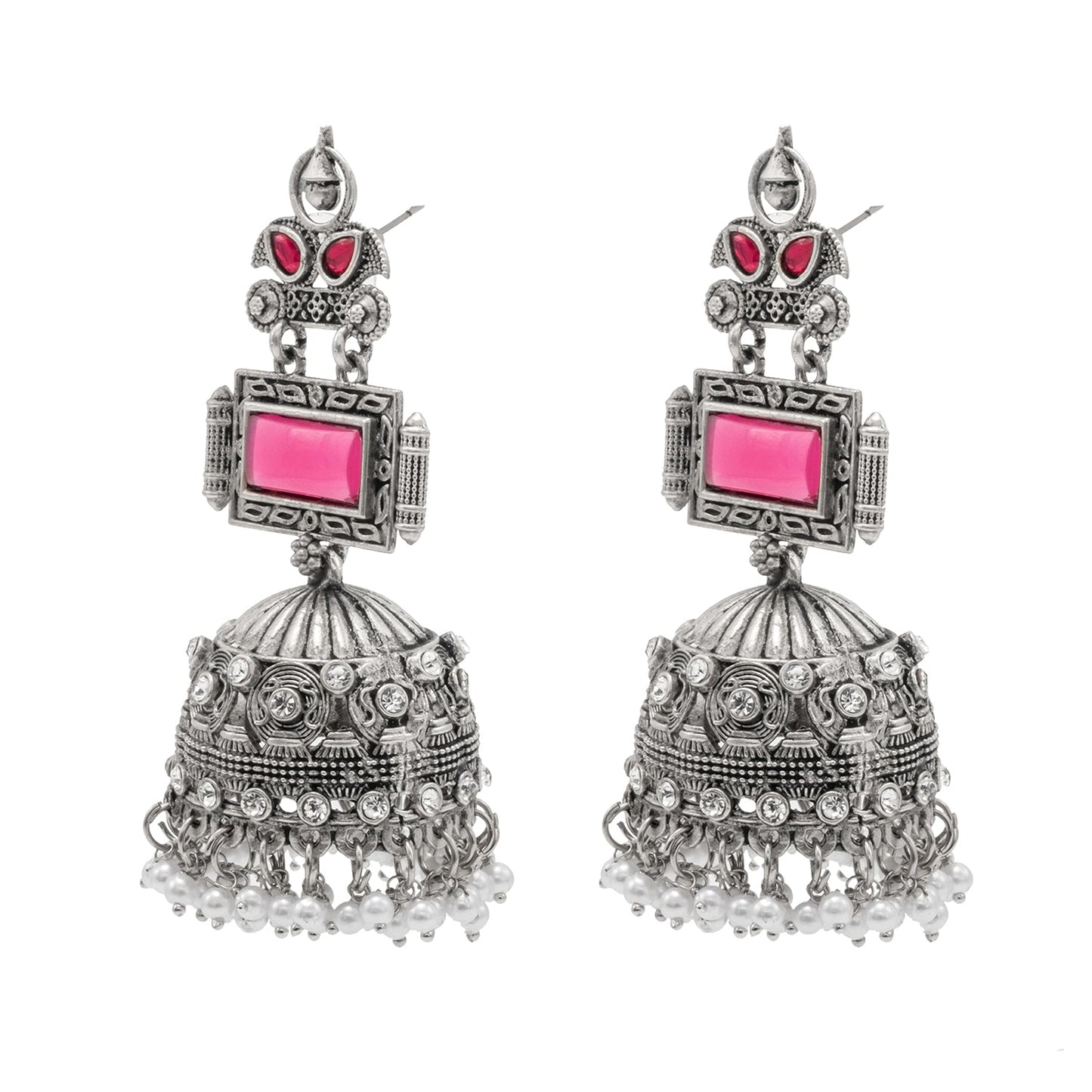Traditional Indian Antique Dual Tone Antique Silver Oxidized CZ , Pearl ,Crystal & Stylish Long Jhumka Earrings for Women (SJE_263_S_M)