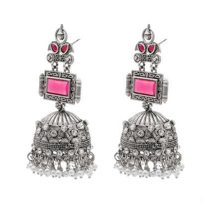 Traditional Indian Antique Dual Tone Antique Silver Oxidized CZ , Pearl ,Crystal & Stylish Long Jhumka Earrings for Women (SJE_263_S_M)