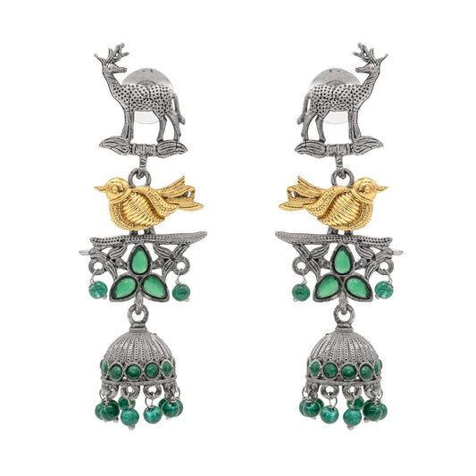 Traditional Indian Matte Dual Two Tone Plated CZ Pearl Studded Long Drop Jhumka Earring For Women (SJE_264_S_G)
