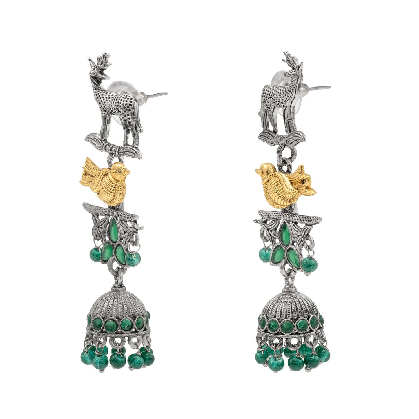 Traditional Indian Matte Dual Two Tone Plated CZ Pearl Studded Long Drop Jhumka Earring For Women (SJE_264_S_G)