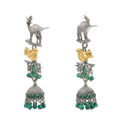 Traditional Indian Matte Dual Two Tone Plated CZ Pearl Studded Long Drop Jhumka Earring For Women (SJE_264_S_G)