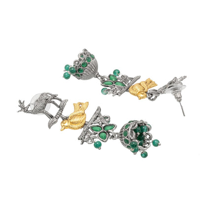 Traditional Indian Matte Dual Two Tone Plated CZ Pearl Studded Long Drop Jhumka Earring For Women (SJE_264_S_G)