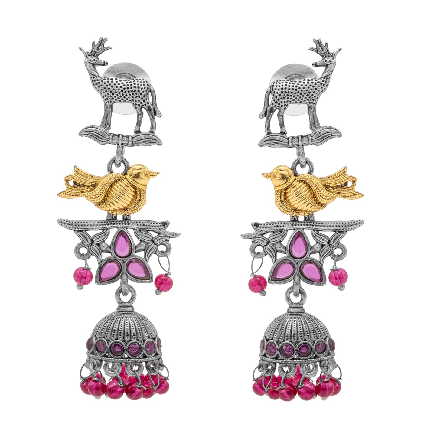 Traditional Indian Matte Dual Two Tone Plated CZ Pearl Studded Long Drop Jhumka Earring For Women (SJE_264_S_M)
