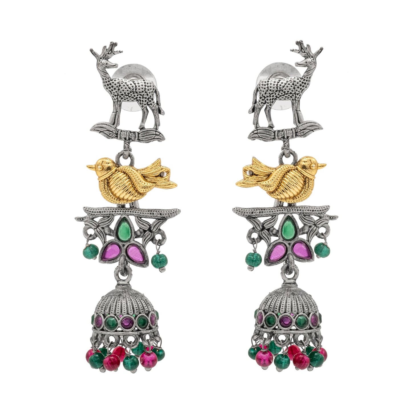 Traditional Indian Matte Dual Two Tone Plated CZ Pearl Studded Long Drop Jhumka Earring For Women (SJE_264_S_RG)