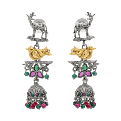 Traditional Indian Matte Dual Two Tone Plated CZ Pearl Studded Long Drop Jhumka Earring For Women (SJE_264_S_RG)