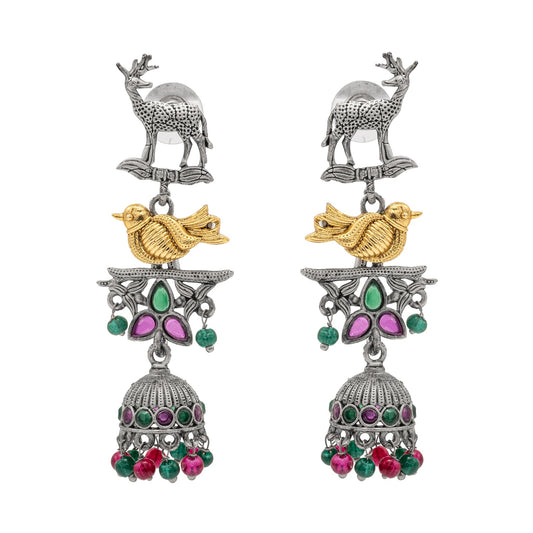 Traditional Indian Matte Dual Two Tone Plated CZ Pearl Studded Long Drop Jhumka Earring For Women (SJE_264_S_RG)