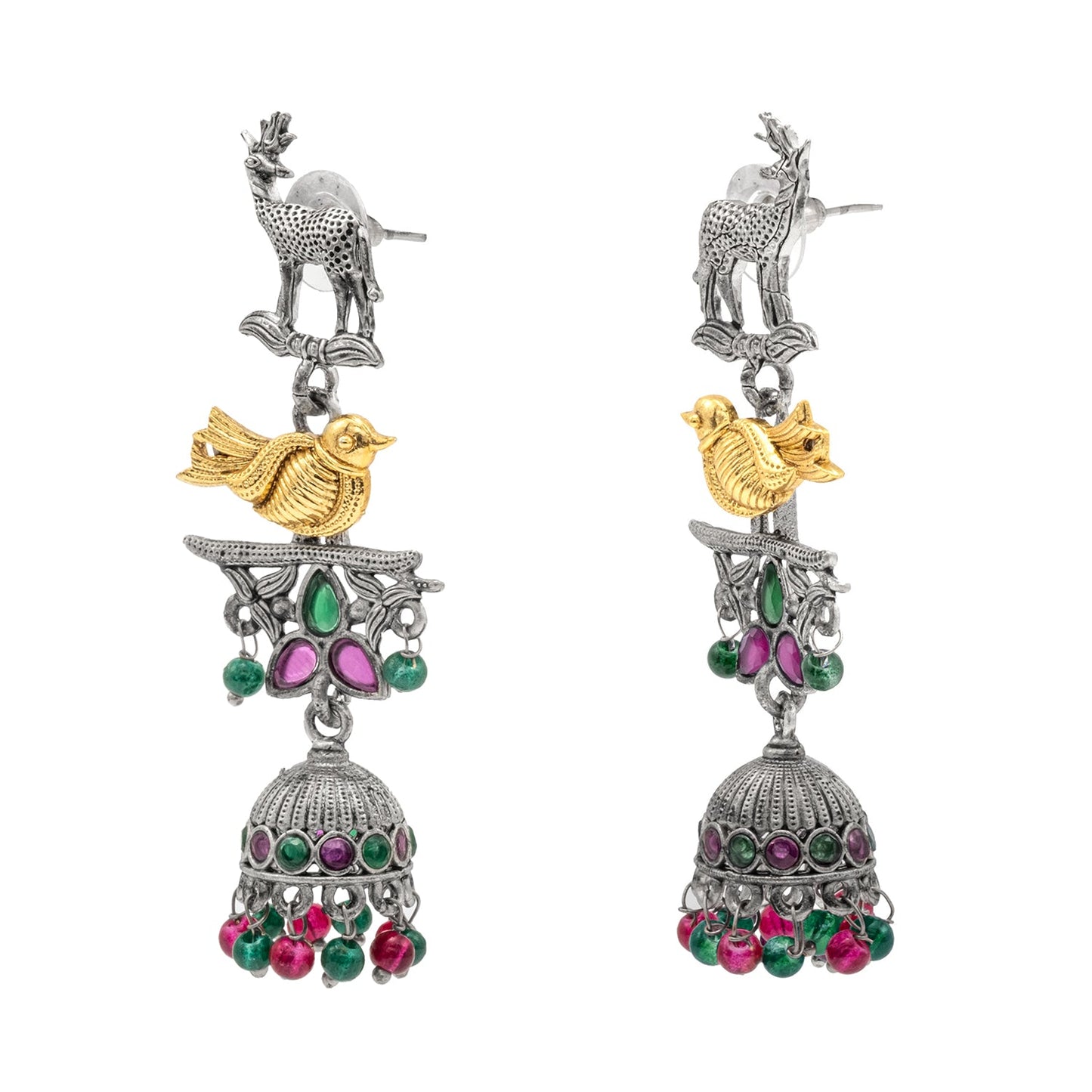 Traditional Indian Matte Dual Two Tone Plated CZ Pearl Studded Long Drop Jhumka Earring For Women (SJE_264_S_RG)