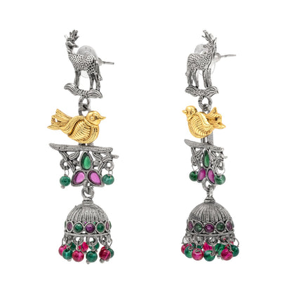 Traditional Indian Matte Dual Two Tone Plated CZ Pearl Studded Long Drop Jhumka Earring For Women (SJE_264_S_RG)