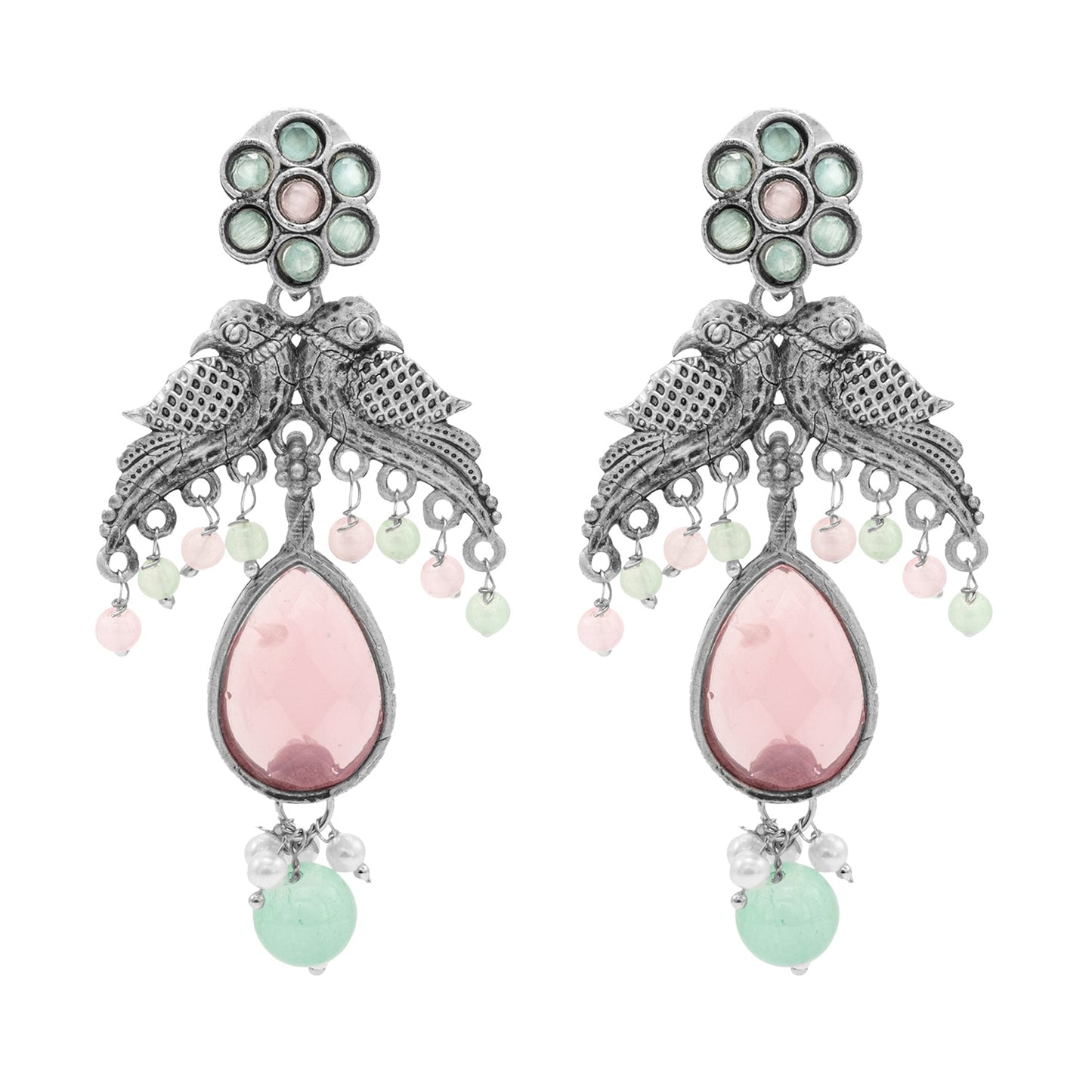 Traditional Indian Antique Oxidised Silver CZ Pearl Studded Bird & Flower Design Medium Earrings for women (SJE_265_S_LP)