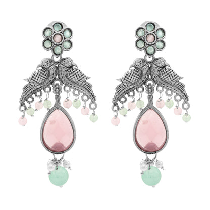 Traditional Indian Antique Oxidised Silver CZ Pearl Studded Bird & Flower Design Medium Earrings for women (SJE_265_S_LP)