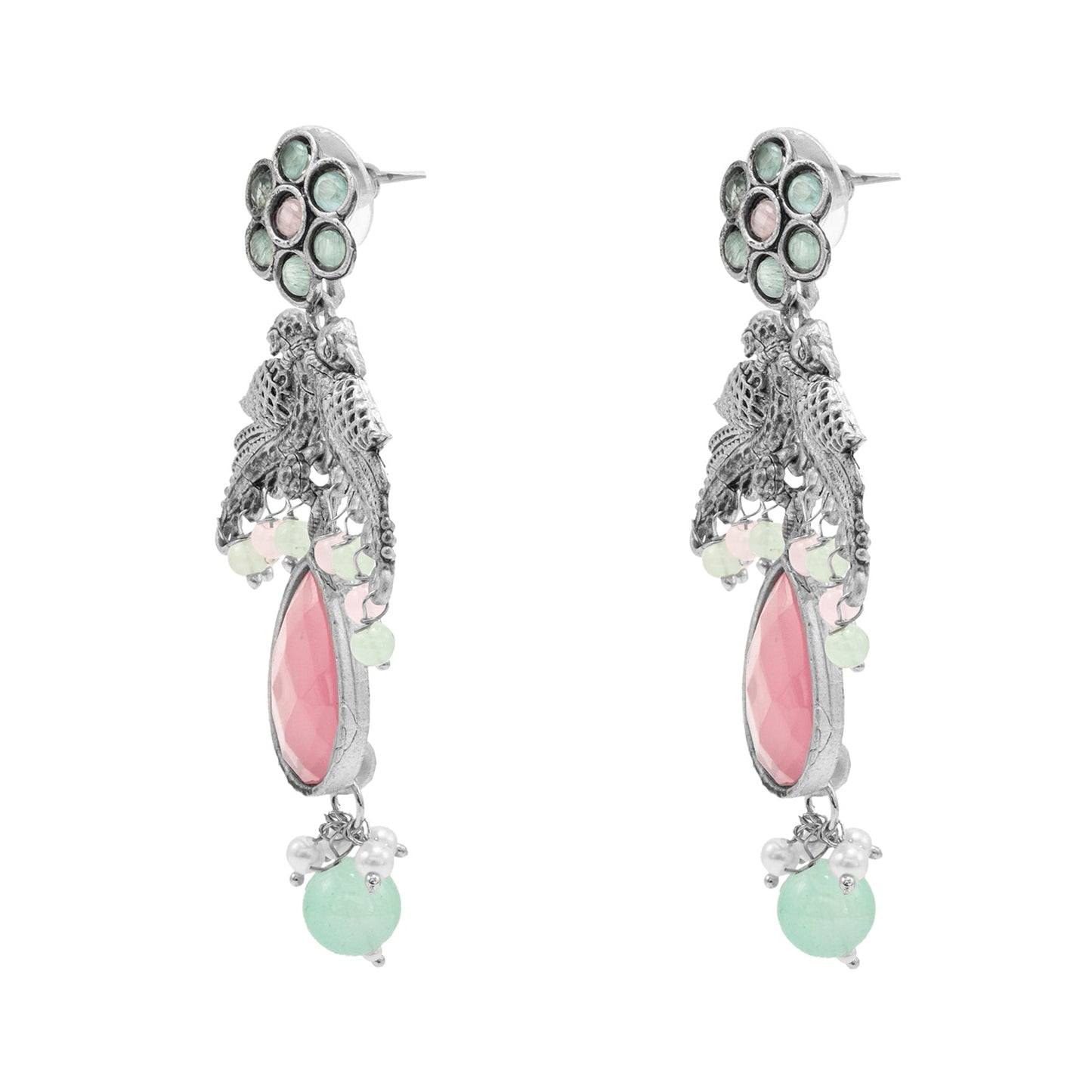 Traditional Indian Antique Oxidised Silver CZ Pearl Studded Bird & Flower Design Medium Earrings for women (SJE_265_S_LP)