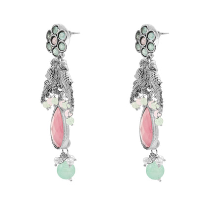 Traditional Indian Antique Oxidised Silver CZ Pearl Studded Bird & Flower Design Medium Earrings for women (SJE_265_S_LP)