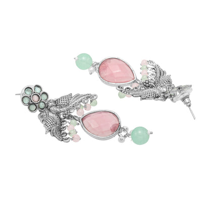 Traditional Indian Antique Oxidised Silver CZ Pearl Studded Bird & Flower Design Medium Earrings for women (SJE_265_S_LP)