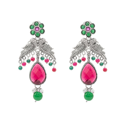 Traditional Indian Antique Oxidised Silver CZ Pearl Studded Bird & Flower Design Medium Earrings for women (SJE_265_S_RG)