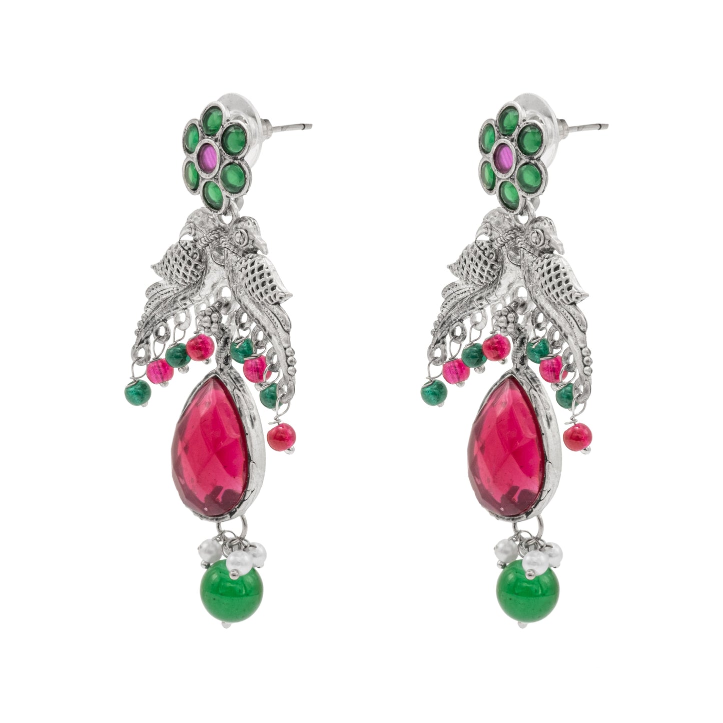 Traditional Indian Antique Oxidised Silver CZ Pearl Studded Bird & Flower Design Medium Earrings for women (SJE_265_S_RG)