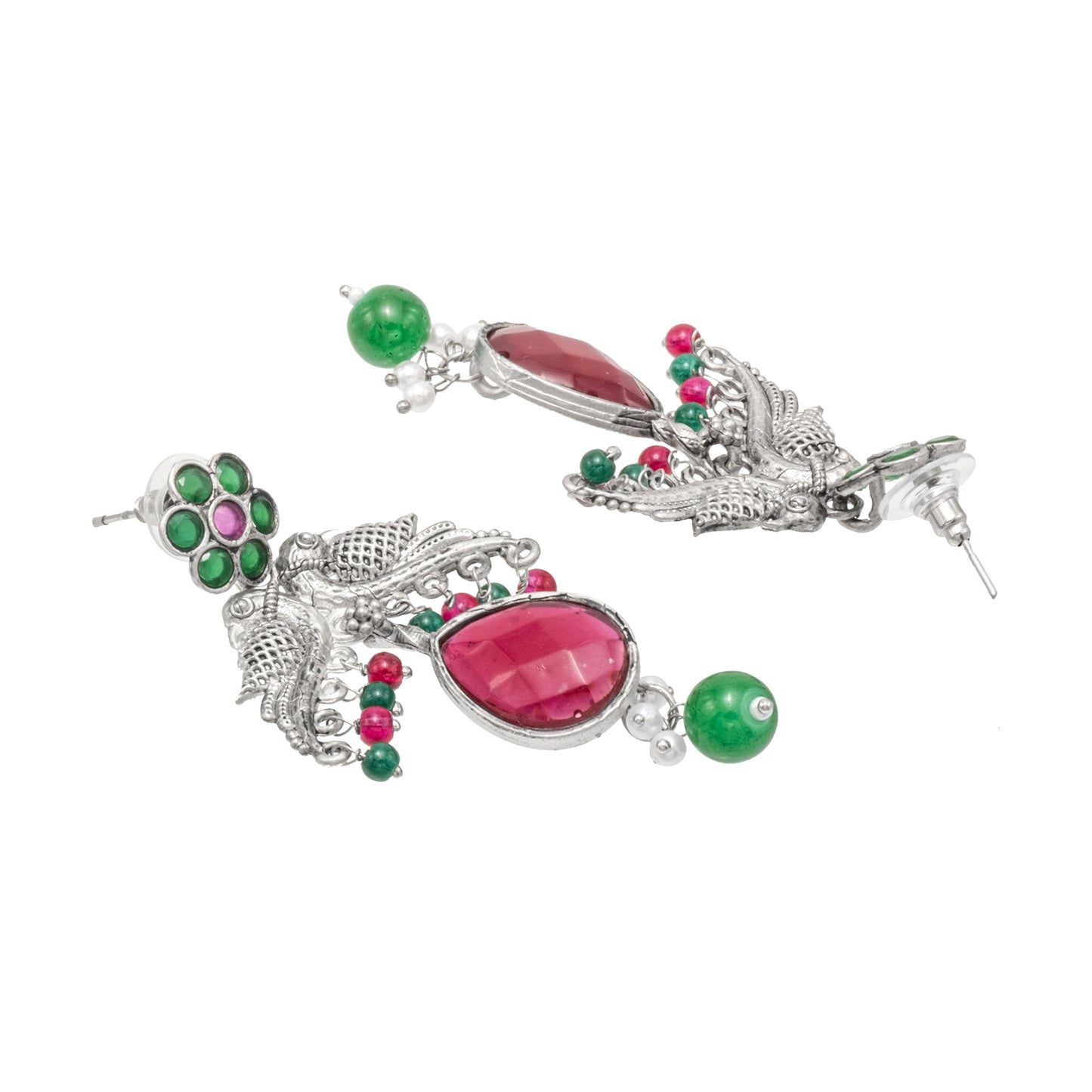 Traditional Indian Antique Oxidised Silver CZ Pearl Studded Bird & Flower Design Medium Earrings for women (SJE_265_S_RG)