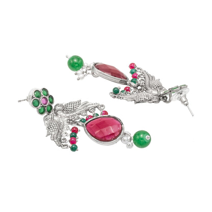 Traditional Indian Antique Oxidised Silver CZ Pearl Studded Bird & Flower Design Medium Earrings for women (SJE_265_S_RG)