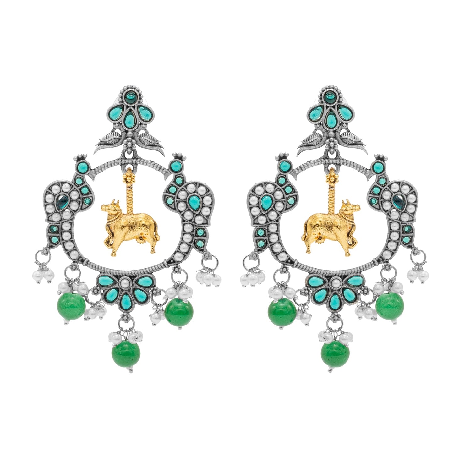 Traditional Indian Matte Dual Two Tone Plated CZ, Pearl Studded Nandi Cow & Peacock Chandbali Design Medium Drop Earring For Women (SJE_266_S_G)