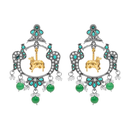 Traditional Indian Matte Dual Two Tone Plated CZ, Pearl Studded Nandi Cow & Peacock Chandbali Design Medium Drop Earring For Women (SJE_266_S_G)