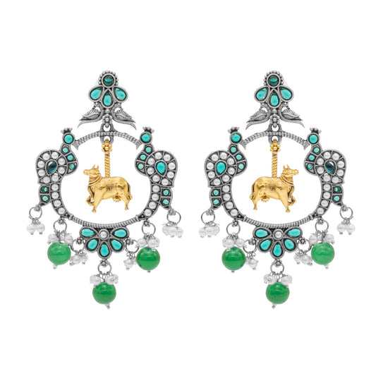 Traditional Indian Matte Dual Two Tone Plated CZ, Pearl Studded Nandi Cow & Peacock Chandbali Design Medium Drop Earring For Women (SJE_266_S_G)