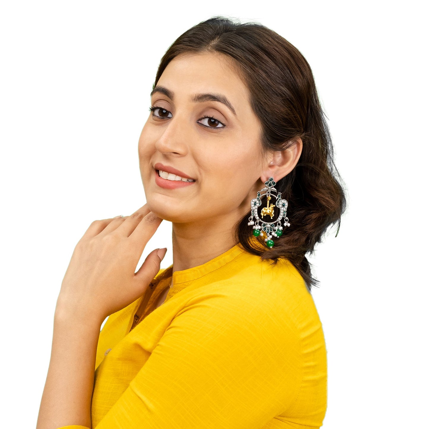 Traditional Indian Matte Dual Two Tone Plated CZ, Pearl Studded Nandi Cow & Peacock Chandbali Design Medium Drop Earring For Women (SJE_266_S_G)