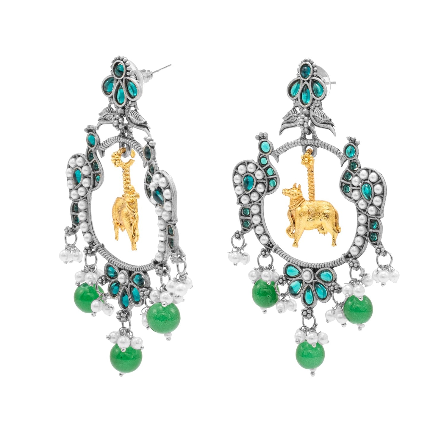 Traditional Indian Matte Dual Two Tone Plated CZ, Pearl Studded Nandi Cow & Peacock Chandbali Design Medium Drop Earring For Women (SJE_266_S_G)