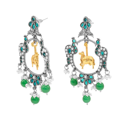 Traditional Indian Matte Dual Two Tone Plated CZ, Pearl Studded Nandi Cow & Peacock Chandbali Design Medium Drop Earring For Women (SJE_266_S_G)