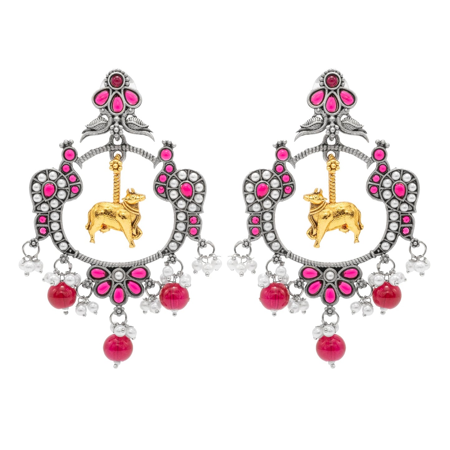 Traditional Indian Matte Dual Two Tone Plated CZ, Pearl Studded Nandi Cow & Peacock Chandbali Design Medium Drop Earring For Women (SJE_266_S_M)