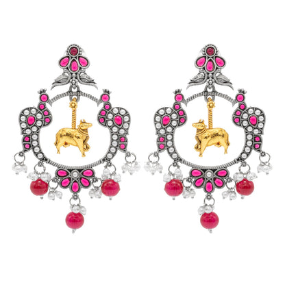 Traditional Indian Matte Dual Two Tone Plated CZ, Pearl Studded Nandi Cow & Peacock Chandbali Design Medium Drop Earring For Women (SJE_266_S_M)