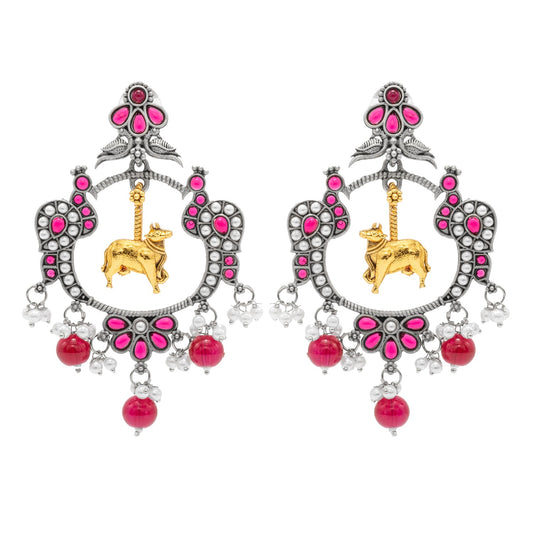 Traditional Indian Matte Dual Two Tone Plated CZ, Pearl Studded Nandi Cow & Peacock Chandbali Design Medium Drop Earring For Women (SJE_266_S_M)