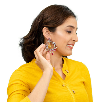 Traditional Indian Matte Dual Two Tone Plated CZ, Pearl Studded Nandi Cow & Peacock Chandbali Design Medium Drop Earring For Women (SJE_266_S_M)