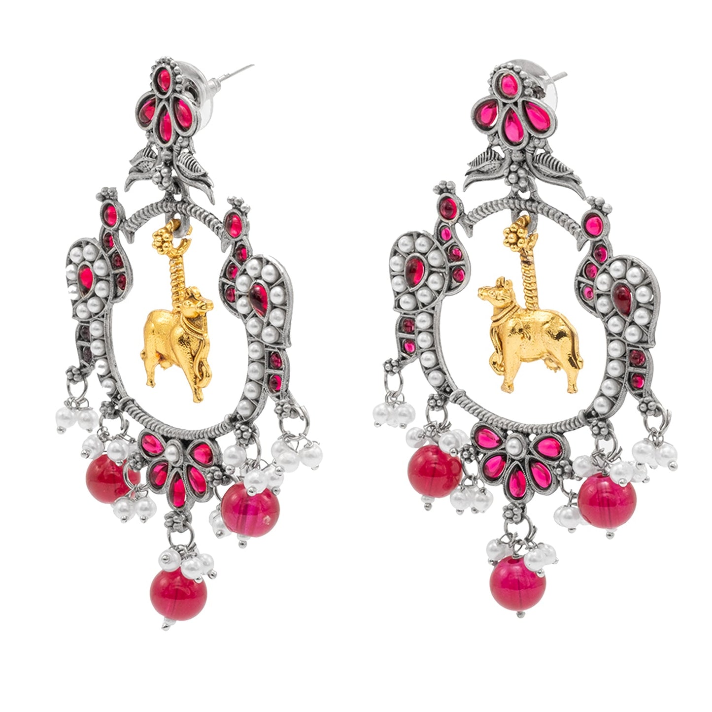 Traditional Indian Matte Dual Two Tone Plated CZ, Pearl Studded Nandi Cow & Peacock Chandbali Design Medium Drop Earring For Women (SJE_266_S_M)