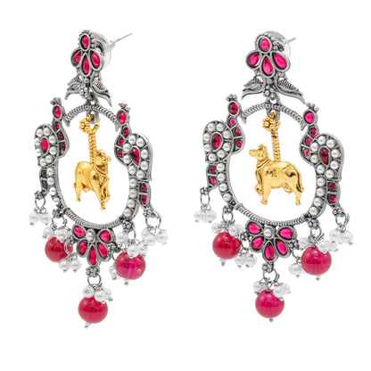 Traditional Indian Matte Dual Two Tone Plated CZ, Pearl Studded Nandi Cow & Peacock Chandbali Design Medium Drop Earring For Women (SJE_266_S_M)
