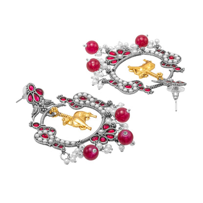 Traditional Indian Matte Dual Two Tone Plated CZ, Pearl Studded Nandi Cow & Peacock Chandbali Design Medium Drop Earring For Women (SJE_266_S_M)