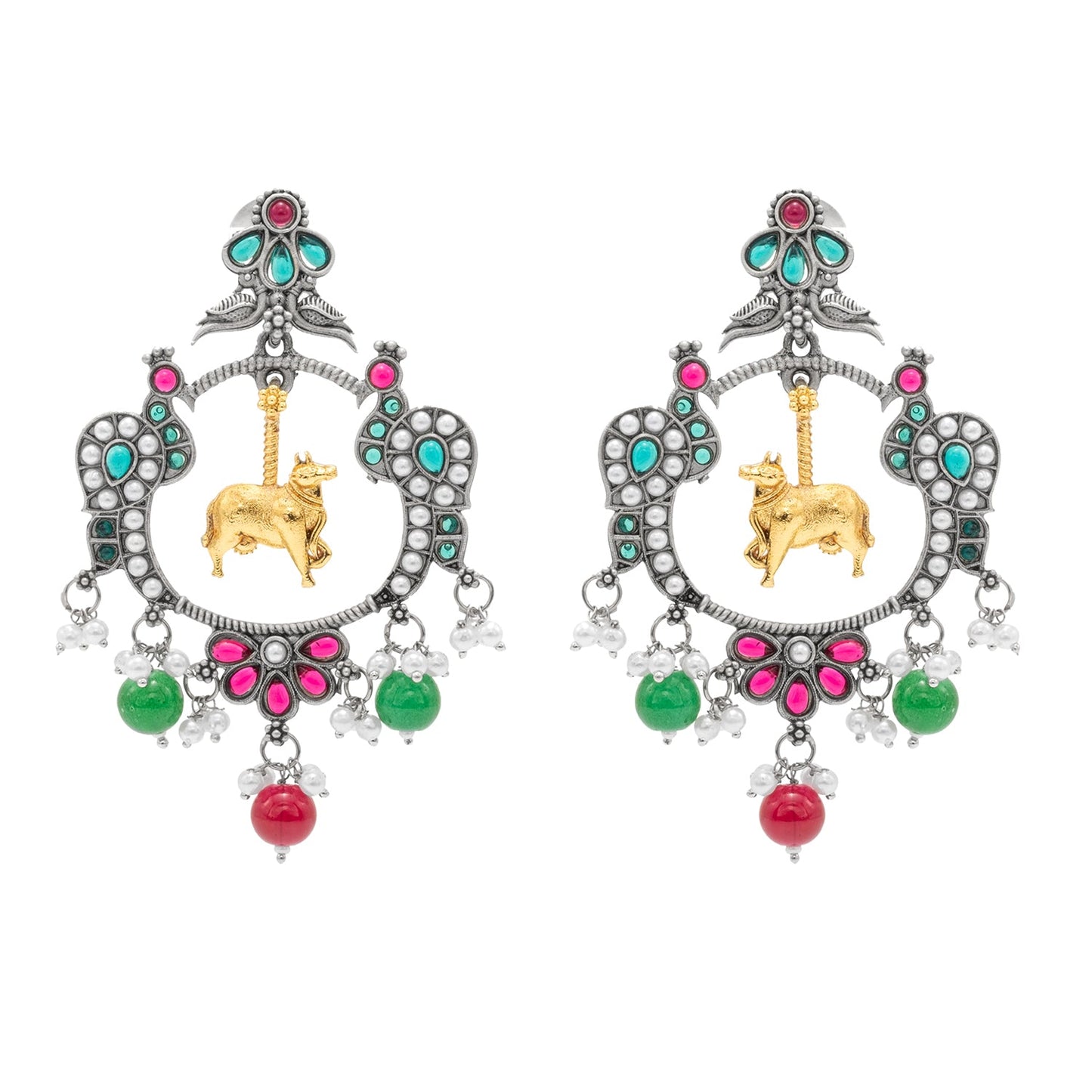 Traditional Indian Matte Dual Two Tone Plated CZ, Pearl Studded Nandi Cow & Peacock Chandbali Design Medium Drop Earring For Women (SJE_266_S_RG)