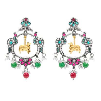 Traditional Indian Matte Dual Two Tone Plated CZ, Pearl Studded Nandi Cow & Peacock Chandbali Design Medium Drop Earring For Women (SJE_266_S_RG)