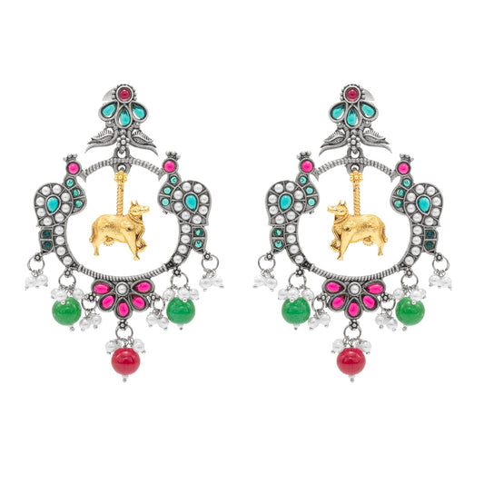 Traditional Indian Matte Dual Two Tone Plated CZ, Pearl Studded Nandi Cow & Peacock Chandbali Design Medium Drop Earring For Women (SJE_266_S_RG)