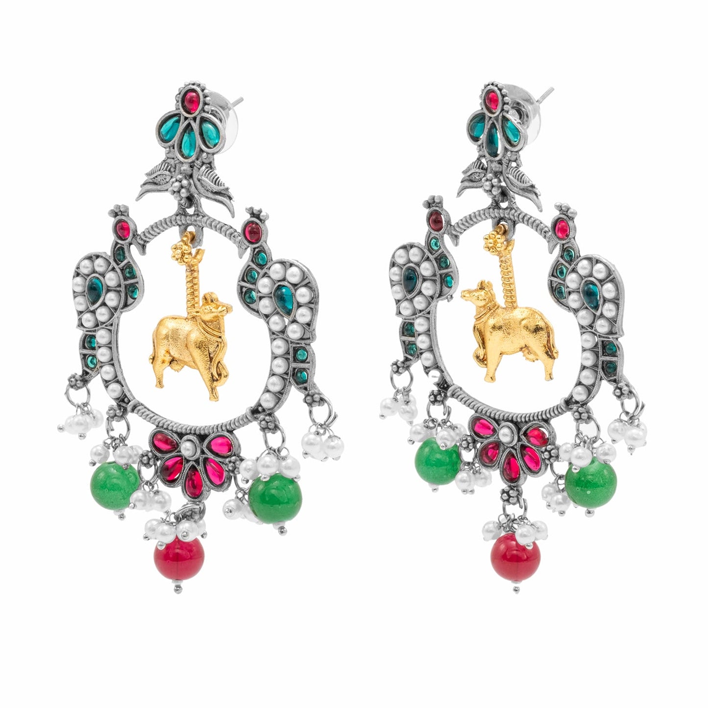 Traditional Indian Matte Dual Two Tone Plated CZ, Pearl Studded Nandi Cow & Peacock Chandbali Design Medium Drop Earring For Women (SJE_266_S_RG)