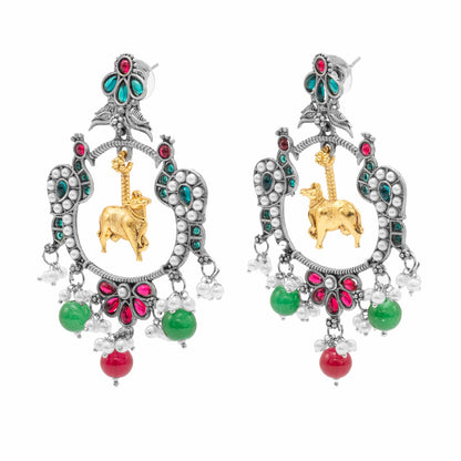Traditional Indian Matte Dual Two Tone Plated CZ, Pearl Studded Nandi Cow & Peacock Chandbali Design Medium Drop Earring For Women (SJE_266_S_RG)