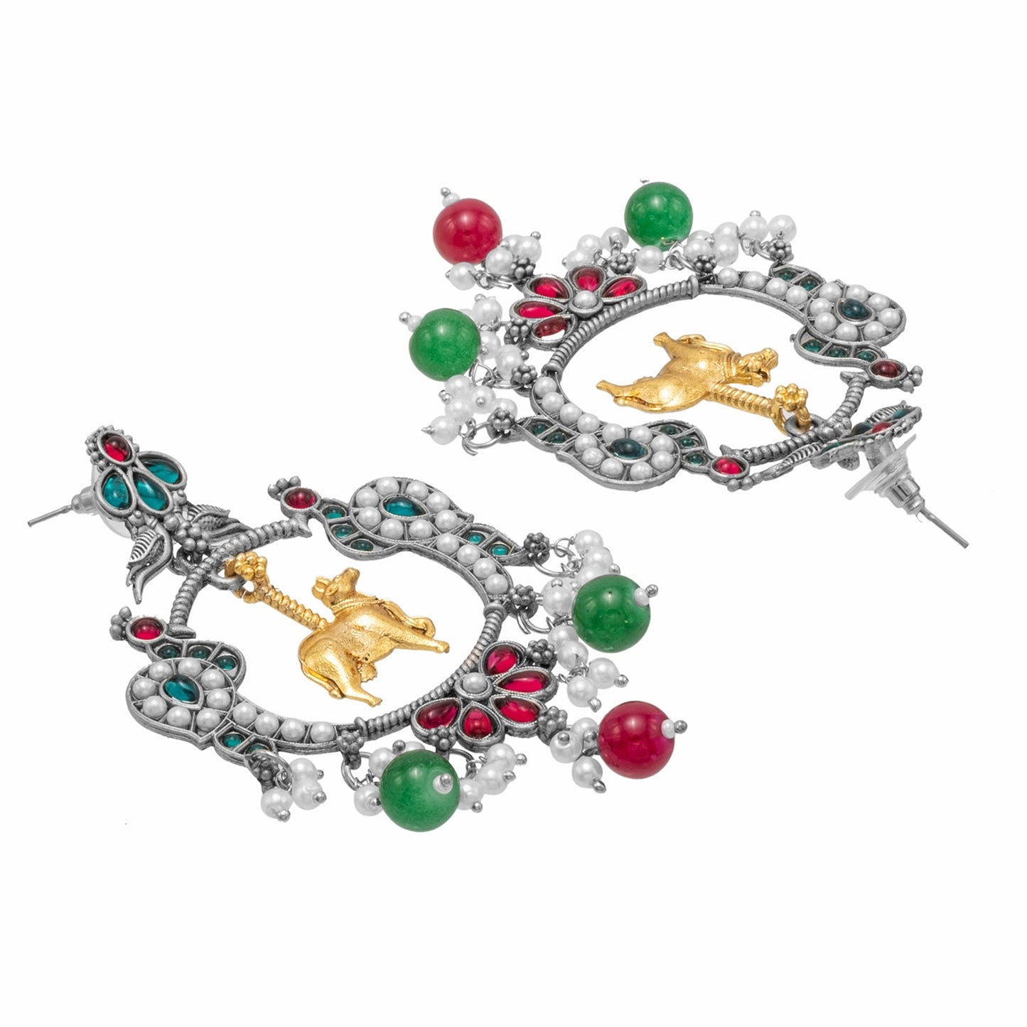 Traditional Indian Matte Dual Two Tone Plated CZ, Pearl Studded Nandi Cow & Peacock Chandbali Design Medium Drop Earring For Women (SJE_266_S_RG)