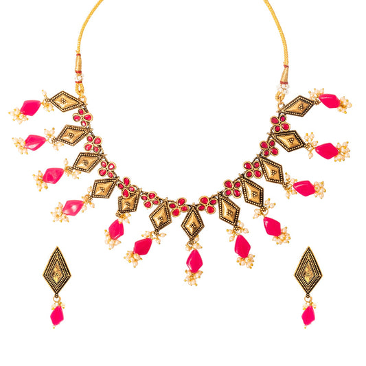 Shining Jewel Traditional Indian Matte Antique Gold Plated Oxidised CZ, Studded Necklace with Matching Earring Jewellery Set For Women - Maroon (SJN_268_M)