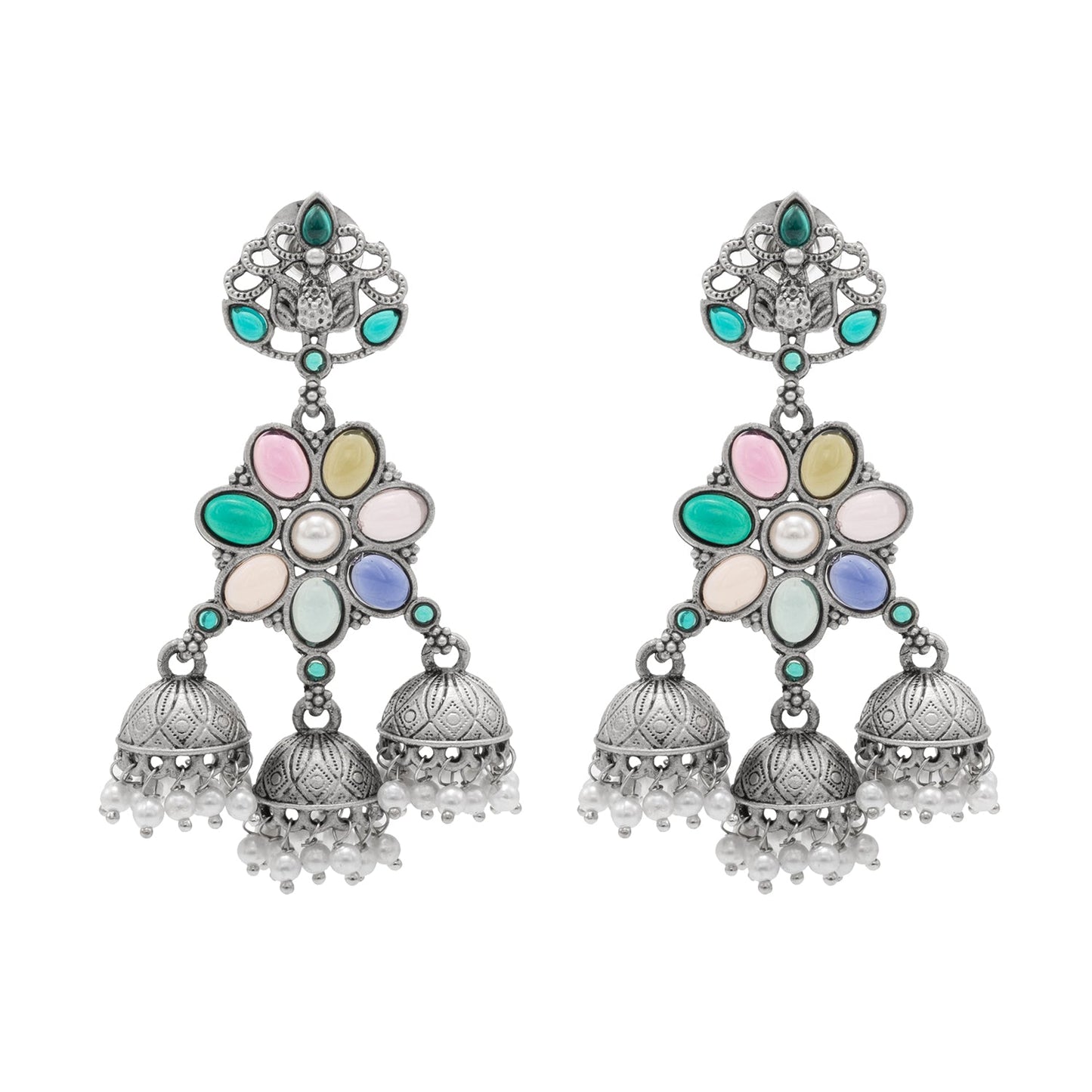 Traditional Indian Matte Oxidised Oxidized Antique Silver CZ,Pearl Studded Bird & Flower Design Long Jhumka Jhumki Earrings for women (SJE_268_S)