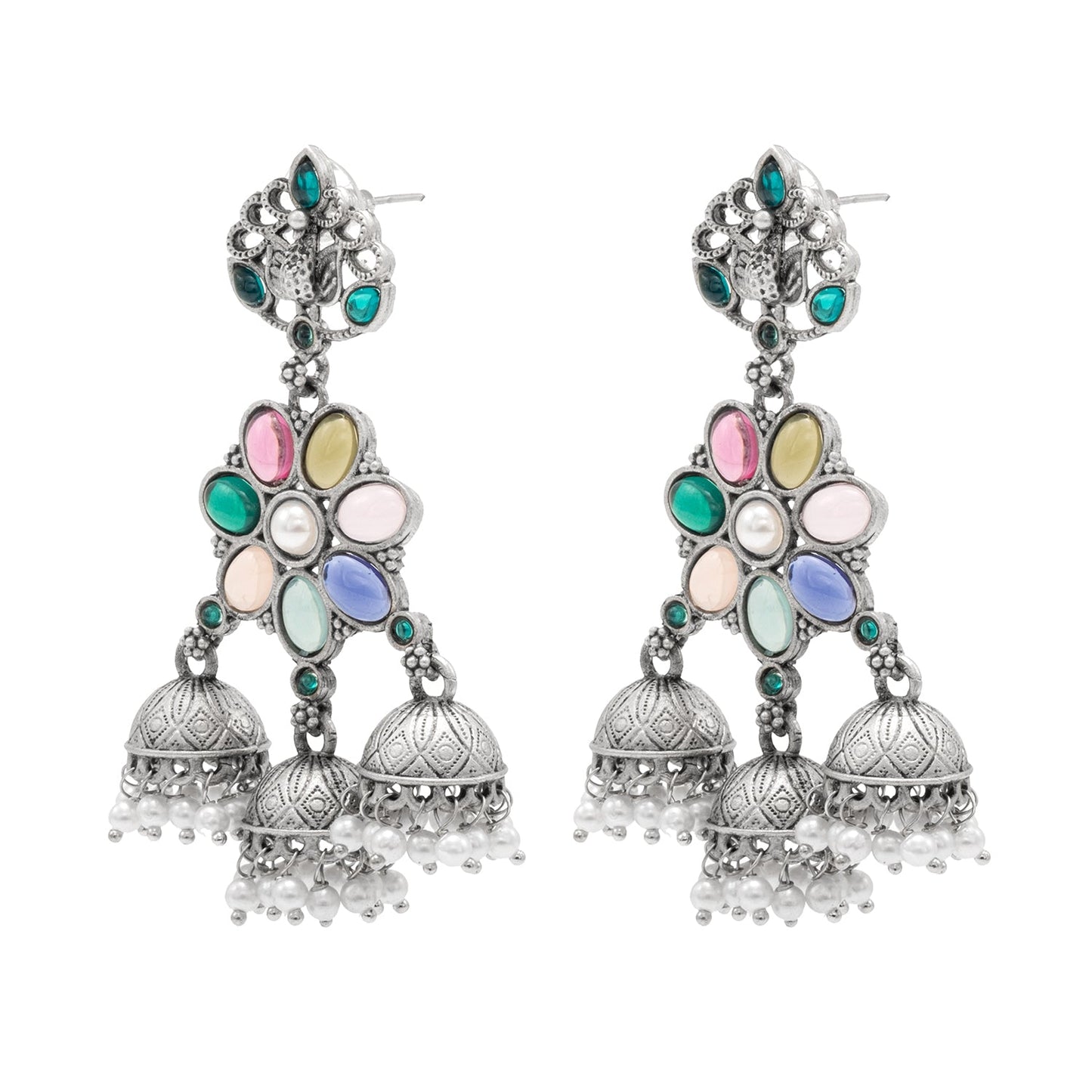 Traditional Indian Matte Oxidised Oxidized Antique Silver CZ,Pearl Studded Bird & Flower Design Long Jhumka Jhumki Earrings for women (SJE_268_S)