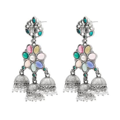 Traditional Indian Matte Oxidised Oxidized Antique Silver CZ,Pearl Studded Bird & Flower Design Long Jhumka Jhumki Earrings for women (SJE_268_S)