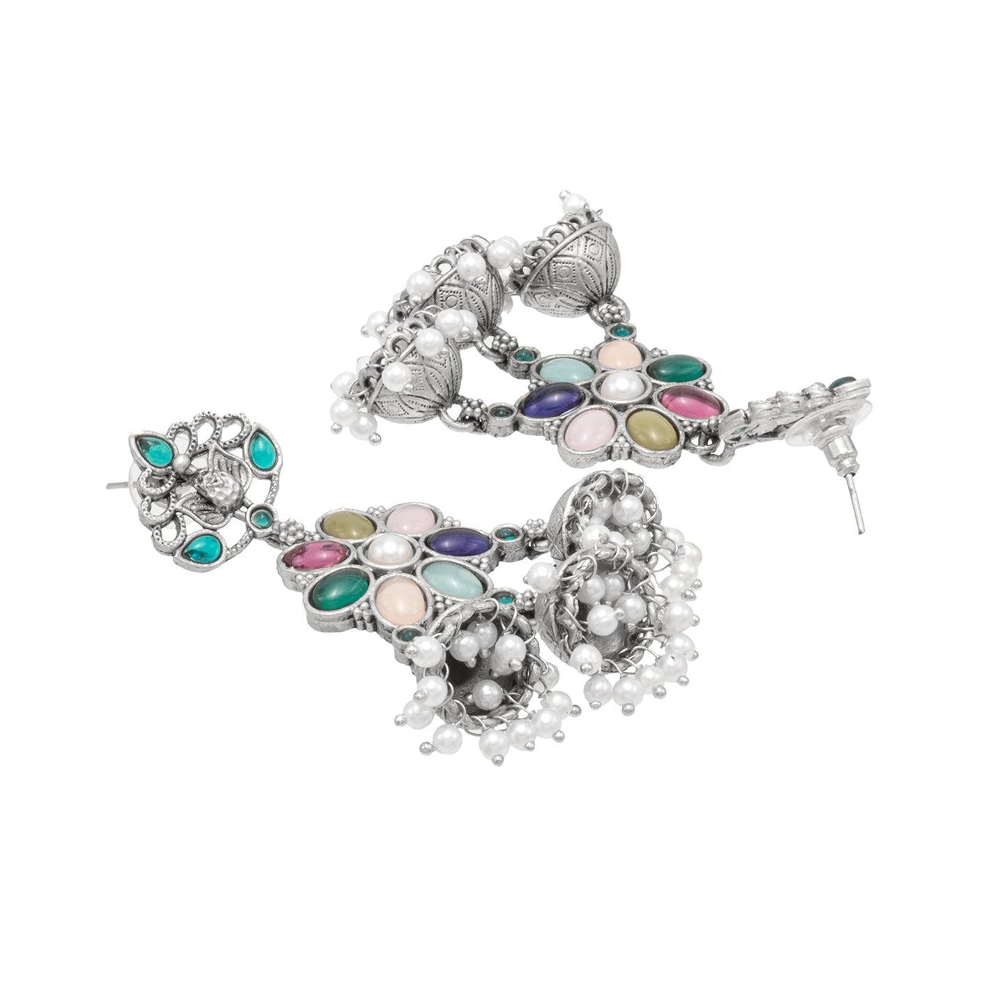 Traditional Indian Matte Oxidised Oxidized Antique Silver CZ,Pearl Studded Bird & Flower Design Long Jhumka Jhumki Earrings for women (SJE_268_S)