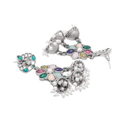 Traditional Indian Matte Oxidised Oxidized Antique Silver CZ,Pearl Studded Bird & Flower Design Long Jhumka Jhumki Earrings for women (SJE_268_S)
