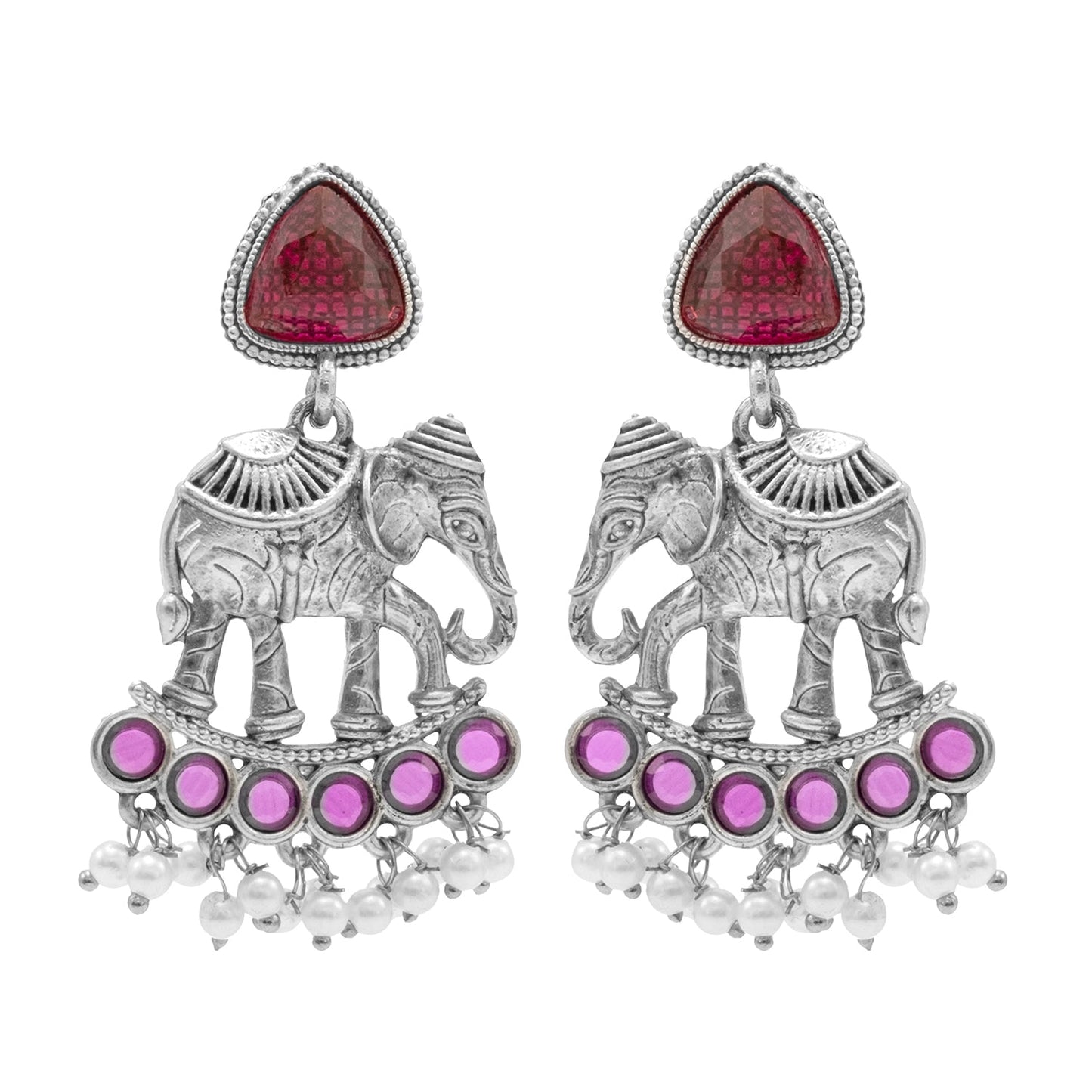 Traditional Indian Oxidised Oxidized Antique Silver Plated CZ, Pearl with Elephant Design Drop Medium Earring For Women (SJE_269_S_M)