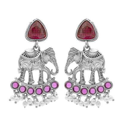 Traditional Indian Oxidised Oxidized Antique Silver Plated CZ, Pearl with Elephant Design Drop Medium Earring For Women (SJE_269_S_M)